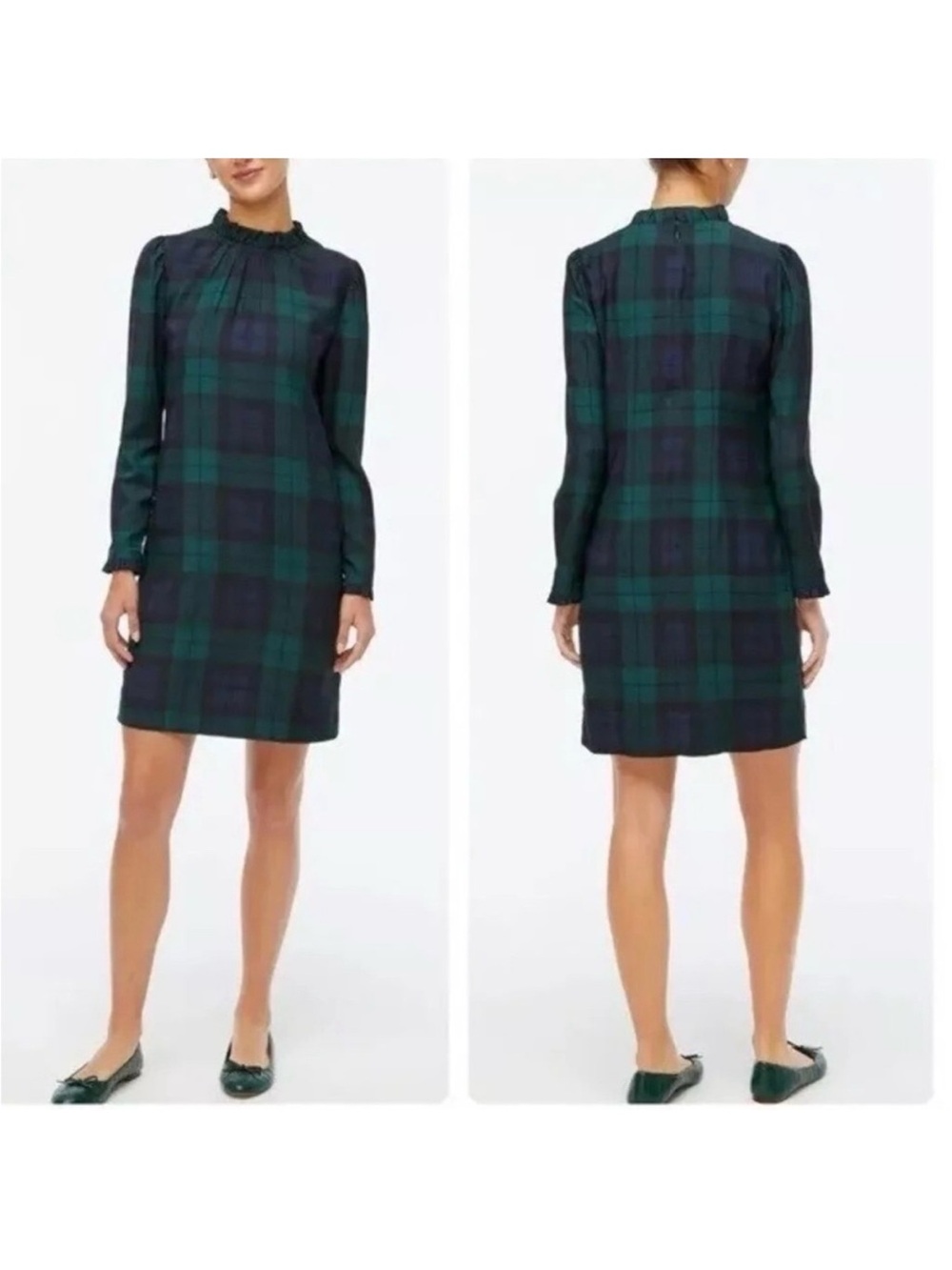 J.Crew Factory Black Watch Tartan Plaid Ruffle Neck Shift Dress Size 10